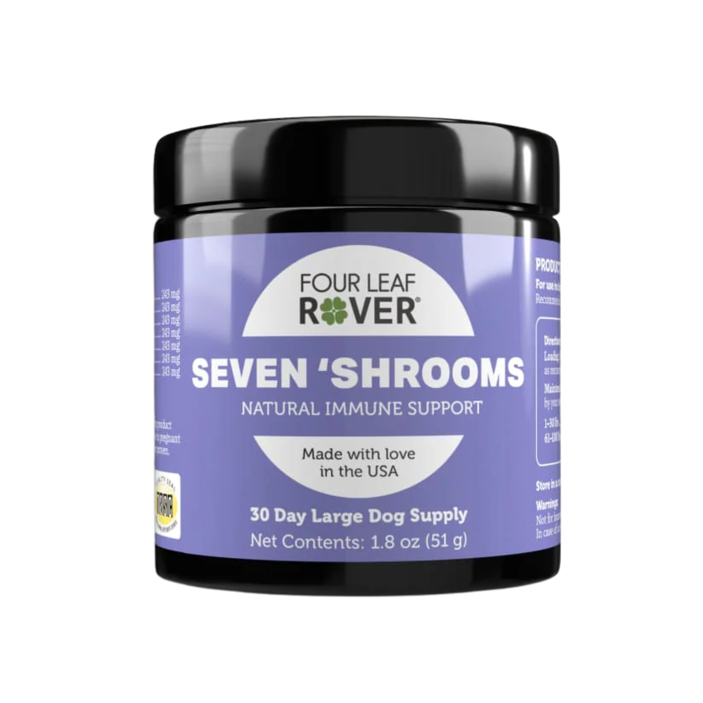 Four Leaf Rover Seven 'Shrooms supplement jar on a white background