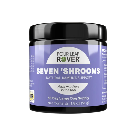 Four Leaf Rover Seven 'Shrooms supplement jar on a white background